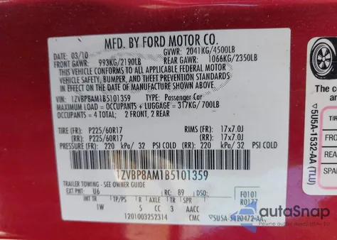 2011 Ford Mustang V6 из США, поврежденный, VIN 1ZVBP8AM1B5101359